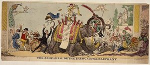 A próba vagy a báró és az elefánt, szatirikus nyomat Kemble kidolgozott produkcióiról a Covent Garden Színházban, állatok bevonásával alkotó: George Cruikshank