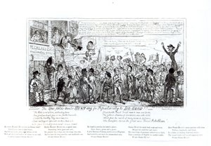 The Spa Fields Orator Vadászat a népszerűségért, hogy jót tegyen!!, pub. J. Sidebotham, 1817 alkotó: George Cruikshank