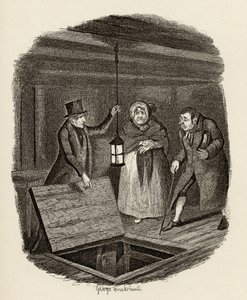 A bizonyítékokat megsemmisítik, Charles Dickens (1812-70) „The Adventures of Twist” című művéből, 1838, Chapman und Hall, 1901 alkotó: George Cruikshank