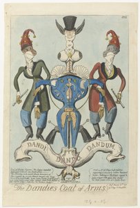 Két öltözött majom manöken alakú fegyvert tart Dandies címere (cím a tárgyon) alkotó: George Cruikshank