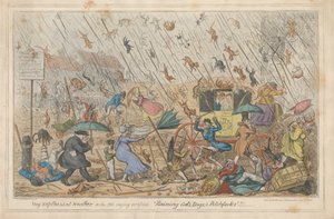 Nagyon kellemetlen időjárás, vagy a régi mondás igazolta "eső macskák, kutyák és vasvillák."!!! alkotó: George Cruikshank