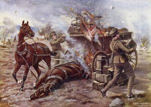H. A. Creasey bombázó segédkezik egy égő lőszerkocsi kirakodásában, nagyon erős gránáttűz alatt, Potijze, Ypres közelében, 1915. április 25.