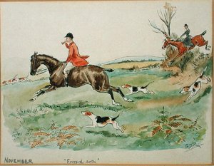 November hónap: Vadászat (toll, tus és akvarell papíron)