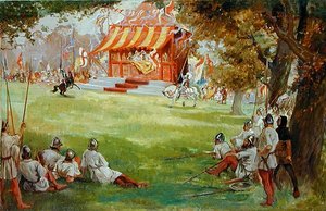 Egy lovagi torna, Sir Nigeltől és a White Companytól, Sir Arthur Conan Doyles (1859-1930) (olaj, vászon a fedélzeten) (lásd még: 140868) alkotó: George Edmund Butler
