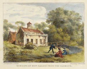 A Kew-palota maradványai a Gardensből, 6. tábla a Kew Gardensből: Huszonnégy kőrajzsorozat, Charles Hullmandel (1789-1850) metszetében, 1820-ban megjelent (kézzel színezett litó)