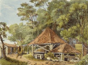 Water Works, Kew Gardens, 22. tábla a Kew Gardenstől: Huszonnégy kőrajz sorozata, Charles Hullmandel (1789-1850) metszetében, 1820-ban megjelent (kézzel színezett litó)