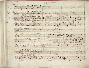 RM 20 E7 f.51v Handel „Eszter” oratórium kéziratának egyik két oldala: „Jákob fiai énekeljetek...”
