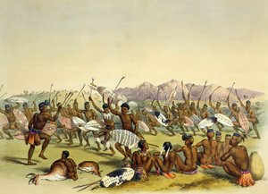 Zulu vadásztánc az Engooi-hegység közelében, 14. tábla a "The Kafirs Illustrated"-ből, 1849.