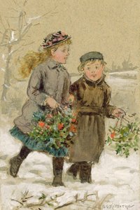 Gyerekek játszanak a hóban - Holly gyűjtése (papíron fehérrel megnövelt wc) (a párért lásd a 224240-et) alkotó: George Goodwin Kilburne