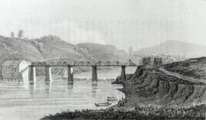 Híd az ohiói Zanesville-ben, Adlard Welby 1821-ben megjelent "Észak-Amerika és az Illinois-i angol települések meglátogatása" című művéből.