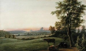 Napkelte – Flatbush és az óceán a Greenwood temetőből, Long Island, New York, 1830-40 körül (akvarell, gouache és grafit papíron)