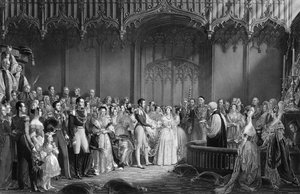 Viktória királynő (1819-1901) és Albert herceg (1819-61) házasságkötése a Szent Jakab-palotában 1840. február 10-én, metszet: Charles Eden Wagstaff, 1840.