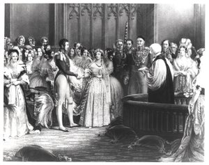 Viktória királynő (1819-1901) és Albert herceg (1819-61) házassága a Szent Jakab-palotában 1840. február 10-én, vésette Charles Eden Wagstaff, 1840