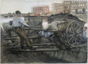 Munkások húznak egy erősen rakodó szekeret Jacob van Lennepkade-en, Amszterdamban alkotó: George Hendrik Breitner
