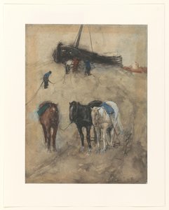 Lovak a tengerparton, a háttérben egy bárka és halászok alkotó: George Hendrik Breitner