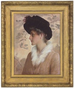 Egy hölgy portréja, félalakos, fekete kalapban és prémes lopás, 1888 alkotó: George Henry Boughton