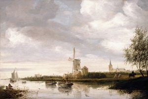 Folyói táj uszályokkal és vitorlákkal, valamint templommal azon túl alkotó: George Henry Clements
