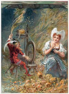 Rumpelstiltskin fonás, illusztráció az „Once Upon a Time”-ból, Ernest Mister kiadásában, 1900 körül (színes litó)