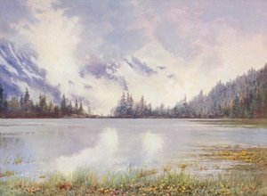 A Champex-tó felhőzetben május végén; Caltha palustris és Primula farinosa a vízparton (színes litho) alkotó: George Jackson Flemwell