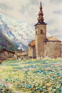 Mont Blanc és Argentiere templom (színes litó)