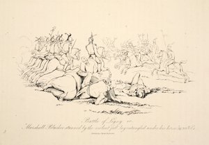 Ligny-i csata: Marshall Blucher, akit megdöbbentett az erőszakos esés, belegabalyodva feküdt a lova alatt, J. Booth kocsma, 1816