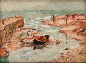 Beached Boats, Lower Largo (olaj a panelen) alkotó: George Leslie Hunter