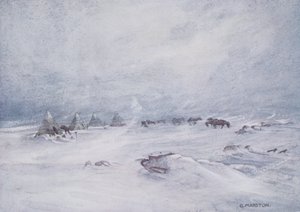 Hóvihar a sorompón, illusztráció a „Nimród az Antarktiszon 1907-2009-ben”, írta Sir Ernest Shackleton (1874-1922) alkotó: George Marston