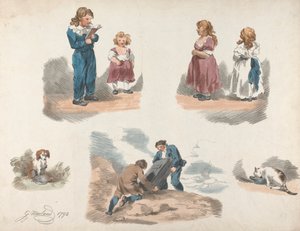 Ötből álló készlet: Tanulmányok gyerekekről, kutyáról, macskáról stb. alkotó: George Morland