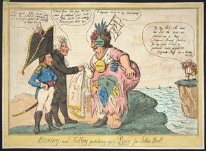 Boney és Talley egy darabot foltoznak a John Bull számára, kocsmában. 1806 (kézzel színezett metszet)