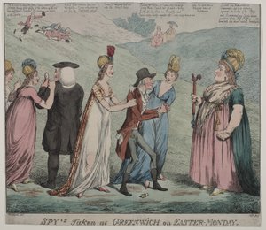 Windsor anya négy udvarhölgyével megparancsolja lányainak, hogy tartóztassák le Durham püspökét és Queensbury hercegét, 1798 (színes rézkarc) alkotó: George Moutard Woodward