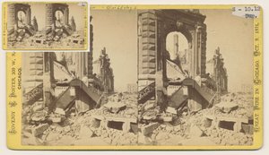 A Bryan blokk sztereográfiája a Monroe és a LaSalle Streets északnyugati sarkán az 1871-es, 1871-es chicagói tűzvész után (bw fotó a kártyatartón) alkotó: George N. Barnard