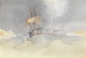 A HMS "Trafalgar" behajózik Málta kikötőjébe, kormánylapátjának elvesztésével egy vihar után, 1852. február 9.
