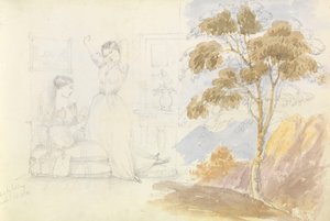 Két fiatal nő vázlata, az egyik ül és olvas, a másik nyújtózkodik és ásít (Lord Bury rajzolta), mellette egy fa rajza.
