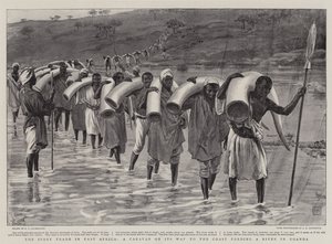 Az elefántcsont-kereskedelem Kelet-Afrikában, egy karaván a part felé haladva egy folyóba gázol Ugandában