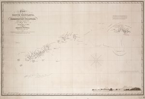 Dél-Shetland térképe, beleértve a Koronázási-szigetet is, a Dove nevű vitorláshajó 1821-es és 1822-es felfedezéséből, amelyet George Powell parancsnok végzett 1821-ben és 1822-ben. alkotó: George Powell