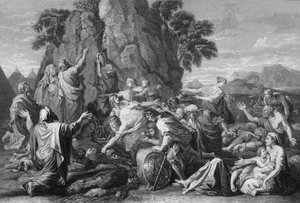 Mózes kétszer megütötte a sziklát, és bőven kifolyt belőle a víz, 1840.