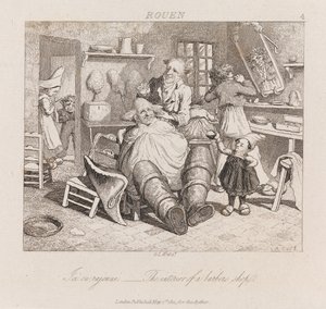 Fodrászat, Rouen, 1821 körül (rézkarc)