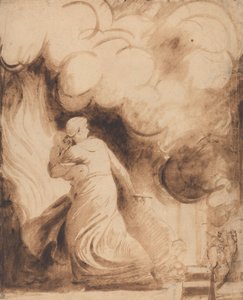 Egy anya, aki gyermekét a karjában tartva repül egy lángokban álló város bástyáin alkotó: George Romney