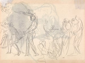 Alakkompozíciós tanulmány: Férfiak, akik elhárítják családjuk elleni támadást alkotó: George Romney