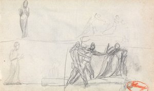 Csoportjelenet és két vázlat egy álló alakról alkotó: George Romney