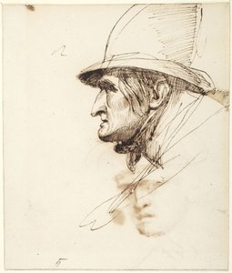 Profilból látható férfi feje, nagy kalappal a fején alkotó: George Romney