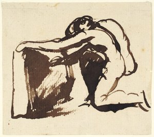 Térdelő, meztelen alak, aki egy nagy táblára ír alkotó: George Romney