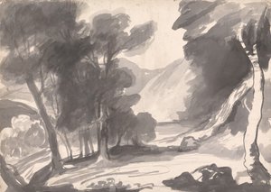 Tájkép-tanulmány: Cserjés, tó és hegyek alkotó: George Romney