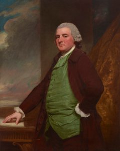James Cross, Clifton, Bristol (1739-1791), háromnegyedes portréja, asztalnál, mögötte tájkép. alkotó: George Romney