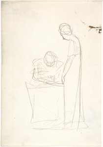 Két alak tanulmánya: az egyik ül, a másik áll (recto). Felfelé tekintő fej tanulmánya (verso) alkotó: George Romney