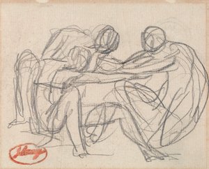 Két térdelő alak, akik egy ülő alakkal küzdenek alkotó: George Romney