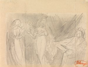 Két nő és egy ülő férfi alkotó: George Romney