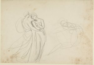 Két női alak egy ülő alak előtt, vázlat a „Két leány, akik jósnőt kérdeznek” című műhöz alkotó: George Romney