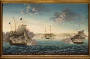 Az amerikai "Essex" fregatt elfogása a "Phoebe" fregatt és a "Cherub" sloop által a chilei Valparaiso öbölben (olaj, vászon) alkotó: George Ropes