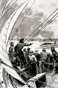 Tengeren a sark felé: egy hajó (vitorlás) legénysége bálnacsoportot lát. Illusztráció Jules Verne (1828-1905) „A jégszfinx” című regényéből alkotó: George Roux